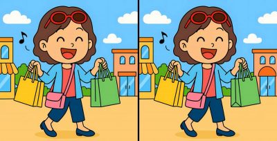 Dívka s taškami na nákup, hledá rozdíly na obrázku v rámci IQ testu.