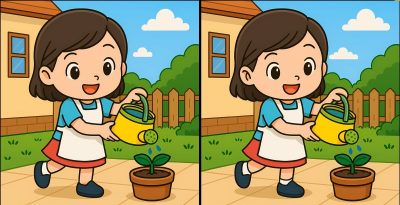 Najděte 3 rozdíly na obrázku dívky v zahradě za 59 sekund.