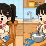 Dívka míchá v misce, soustředěná na přípravu jídla v kuchyni.