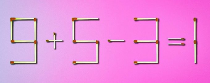 Příklad s zápalkami ukazuje matematickou rovnost 9 + 5 - 3 = 11 na barevném pozadí.