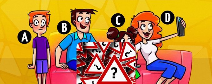 Ilustrace rodiny na gauči s otázkou, kdo je duch, a testem IQ.